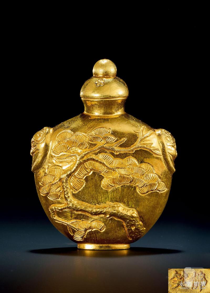 清 金质松鹤延年纹鼻烟壶 - 图1